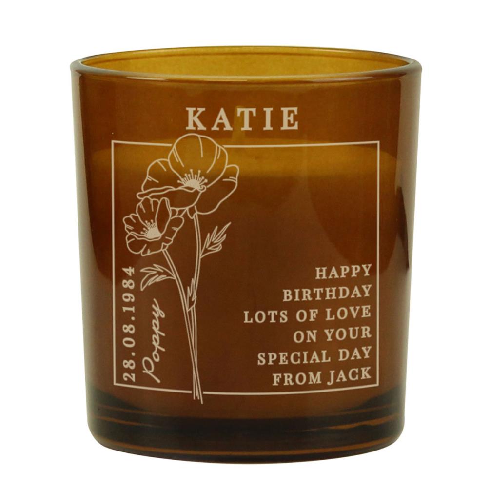 Personalised August Poppy Birth Flower Amber Glass Jar Candle £8.99